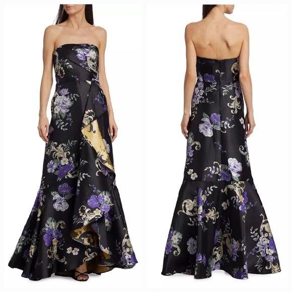Marchesa Notte Black Floral Strapless Ruffle Evening Ball Gown Dress
